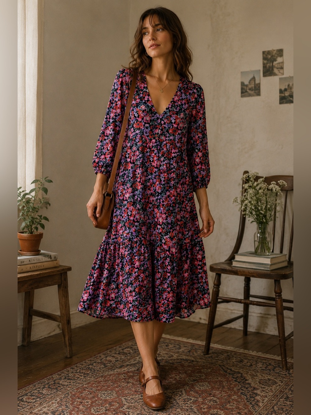 Zara Floral Midi Drop Waist Ruffle Trim Polyester Dress Womens Size Medium